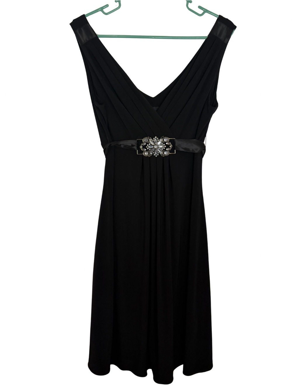 Scarlett Nite Black V-Neck Midi Dress with Jeweled Waist